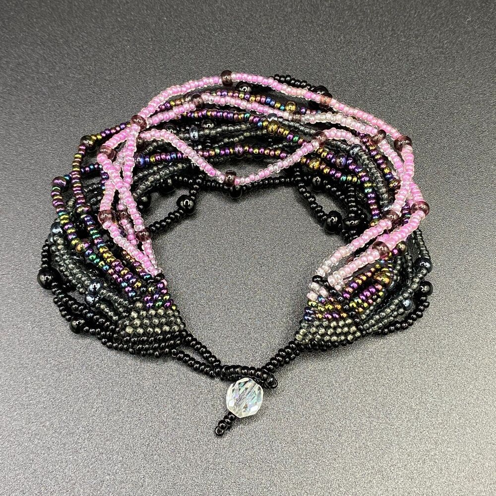 Multistrand Pink & Black Glass Bead Bracelet with Oil Slick Iridescent Beads